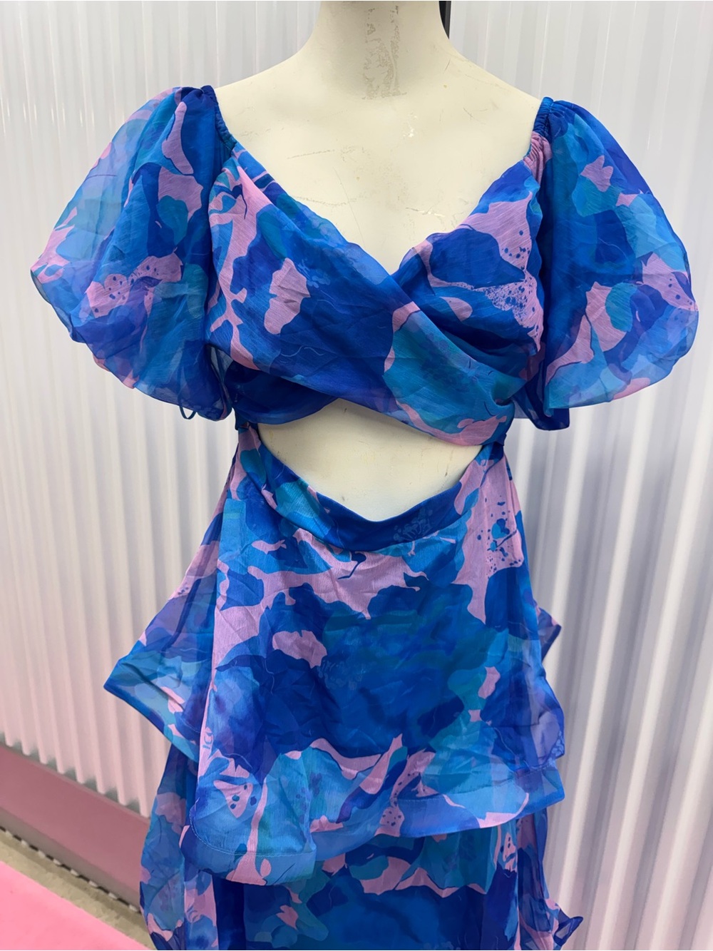 NWT Hello Molly Blue & Pink Organza Cutout Tiered Midi Dress | US 8 - Picture 14 of 16